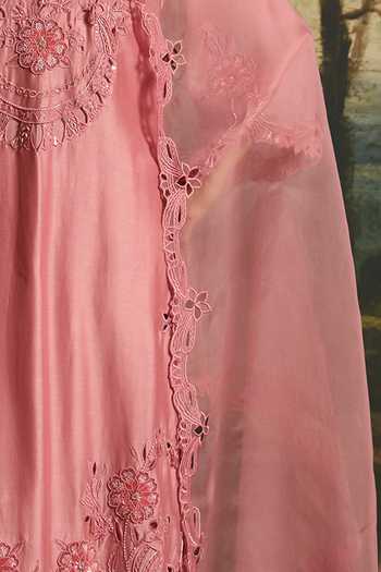 Chandrima_Pink Silk Organza Cutwork Dupatta _Online_at_Aza_Fashions
