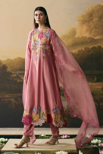 Buy_Chandrima_Pink Silk Organza Cutwork Dupatta _Online_at_Aza_Fashions