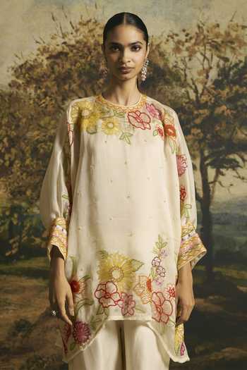 Chandrima Ivory Silk Organza, Chanderi, Cotton Floral Blossom Tunic With Cutwork Pant Online at Aza Fashions Chandrima_Ivory Silk Organza, Chanderi, Cotton Floral Blossom Tunic With Cutwork Pant _Online_at_Aza_Fashions