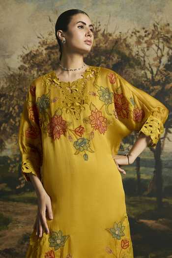 Chandrima Yellow Cotton, Silk Organza, Chanderi V-neck, Yes Blossom Kimono Kurta With Pant Online at Aza Fashions Chandrima_Yellow Cotton, Silk Organza, Chanderi V-neck, Yes Blossom Kimono Kurta With Pant _Online_at_Aza_Fashions
