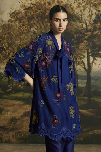 Chandrima Blue Silk, Chanderi V-neck Cobalt Blossom Tunic With Pant Online at Aza Fashions Chandrima_Blue Silk, Chanderi V-neck Cobalt Blossom Tunic With Pant _Online_at_Aza_Fashions