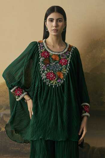 Buy Chandrima Emerald Green Georgette Round Neck Floral Textured Kimono Tunic With Pant Online at Aza Fashions Buy_Chandrima_Emerald Green Georgette Round Neck Floral Textured Kimono Tunic With Pant _Online_at_Aza_Fashions