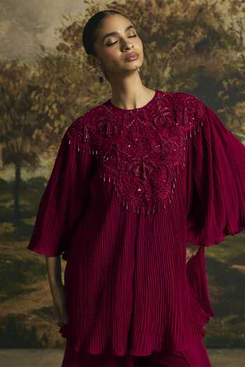 Chandrima Red Georgette, Silk Round Neck Cutwork Textured Tunic With Tulip Pant Online at Aza Fashions Chandrima_Red Georgette, Silk Round Neck Cutwork Textured Tunic With Tulip Pant _Online_at_Aza_Fashions
