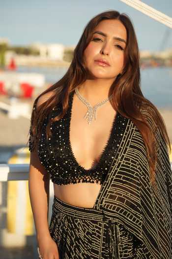 Buy_Nitika Gujral_Black Satin, Net, Shantoon Monochrome Crystal Pre-draped Saree With Blouse _Online_at_Aza_Fashions