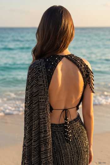 Nitika Gujral Monochrome Crystal Pre-Draped Saree With Blouse 
