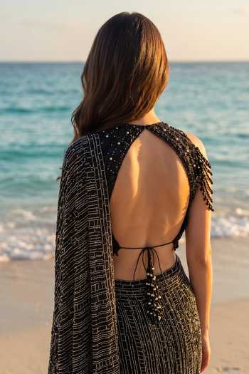 Shop Nitika Gujral Black Satin, Net, Shantoon Monochrome Crystal Pre-draped Saree With Blouse Online at Aza Fashions Shop_Nitika Gujral_Black Satin, Net, Shantoon Monochrome Crystal Pre-draped Saree With Blouse _Online_at_Aza_Fashions