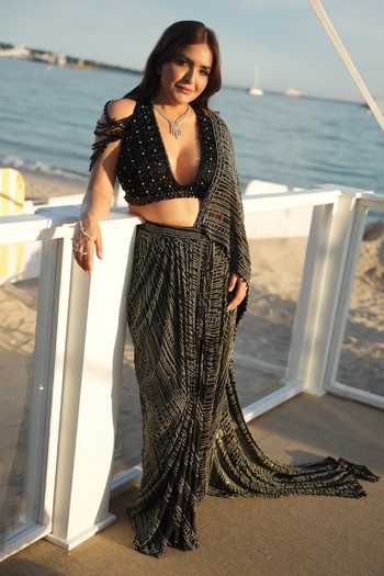 Nitika Gujral_Black Satin, Net, Shantoon Monochrome Crystal Pre-draped Saree With Blouse _at_Aza_Fashions