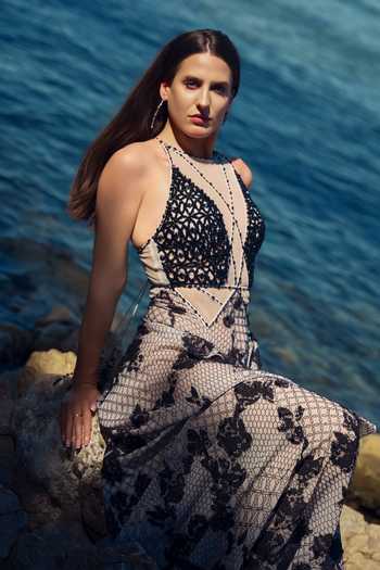 Buy_Nitika Gujral_Black Satin, Net, Lace, Chantilly Crystals, Lace, Applique Noir Work Gown 