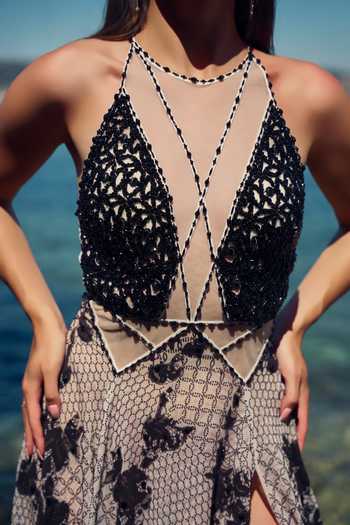 Shop_Nitika Gujral_Black Satin, Net, Lace, Chantilly Crystals, Lace, Applique Noir Work Gown 