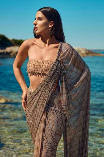 Buy Nitika Gujral Gold Satin, Net Bandeau Neck Champagne Crystal Pre-draped Saree With Blouse Online at Aza Fashions Buy_Nitika Gujral_Gold Satin, Net Bandeau Neck Champagne Crystal Pre-draped Saree With Blouse _Online_at_Aza_Fashions