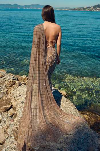 Nitika Gujral Gold Satin, Net Bandeau Neck Champagne Crystal Pre-draped Saree With Blouse Online at Aza Fashions Nitika Gujral_Gold Satin, Net Bandeau Neck Champagne Crystal Pre-draped Saree With Blouse _Online_at_Aza_Fashions
