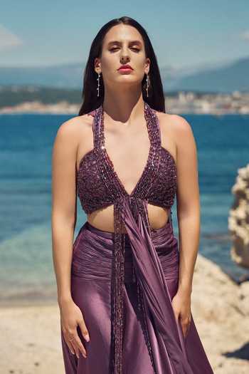 Buy Nitika Gujral Purple Satin, Chiffon Halter Neck Lilac Reverie Embroidered Top And Skirt Set Online at Aza Fashions Buy_Nitika Gujral_Purple Satin, Chiffon Halter Neck Lilac Reverie Embroidered Top And Skirt Set _Online_at_Aza_Fashions