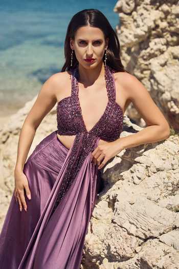 Shop Nitika Gujral Purple Satin, Chiffon Halter Neck Lilac Reverie Embroidered Top And Skirt Set Online at Aza Fashions Shop_Nitika Gujral_Purple Satin, Chiffon Halter Neck Lilac Reverie Embroidered Top And Skirt Set _Online_at_Aza_Fashions