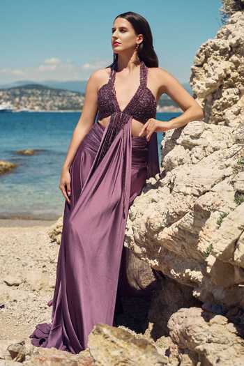 Nitika Gujral Purple Satin, Chiffon Halter Neck Lilac Reverie Embroidered Top And Skirt Set at Aza Fashions Nitika Gujral_Purple Satin, Chiffon Halter Neck Lilac Reverie Embroidered Top And Skirt Set _at_Aza_Fashions