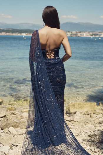 Nitika Gujral Midnight Crystal Pre-Draped Saree With Blouse