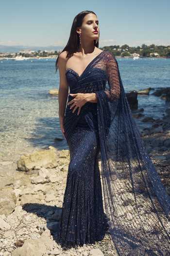 Buy Nitika Gujral Blue Satin, Net, Lace Crystals, Tassels Midnight Pre-draped Saree With Blouse Online at Aza Fashions Buy_Nitika Gujral_Blue Satin, Net, Lace Crystals, Tassels Midnight Pre-draped Saree With Blouse _Online_at_Aza_Fashions