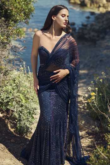 Shop Nitika Gujral Blue Satin, Net, Lace Crystals, Tassels Midnight Pre-draped Saree With Blouse Online at Aza Fashions Shop_Nitika Gujral_Blue Satin, Net, Lace Crystals, Tassels Midnight Pre-draped Saree With Blouse _Online_at_Aza_Fashions