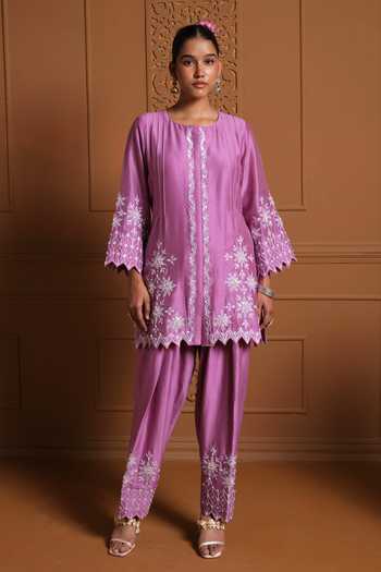 Shop Sonia Khatri Pink Silk, Organza Round Neck The Afreen Embroidered Kurta Set Online at Aza Fashions Shop_Sonia Khatri_Pink Silk, Organza Round Neck The Afreen Embroidered Kurta Set _Online_at_Aza_Fashions