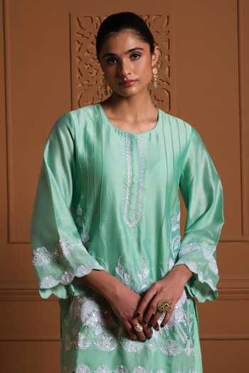 Sonia Khatri Green Silk, Organza Round Neck, Yes Firdaus Embroidered Kurta Set Online at Aza Fashions Sonia Khatri_Green Silk, Organza Round Neck, Yes Firdaus Embroidered Kurta Set _Online_at_Aza_Fashions