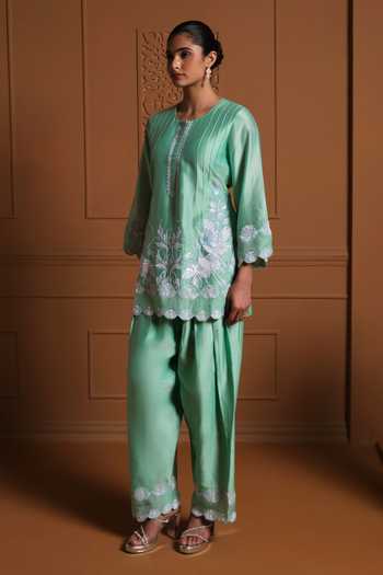 Shop Sonia Khatri Green Silk, Organza Round Neck, Yes Firdaus Embroidered Kurta Set Online at Aza Fashions Shop_Sonia Khatri_Green Silk, Organza Round Neck, Yes Firdaus Embroidered Kurta Set _Online_at_Aza_Fashions