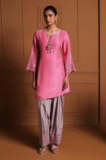 Shop Sonia Khatri Pink Silk, Organza Keyhole Neck Gulaal Embroidered Kurta Set Online at Aza Fashions Shop_Sonia Khatri_Pink Silk, Organza Keyhole Neck Gulaal Embroidered Kurta Set _Online_at_Aza_Fashions