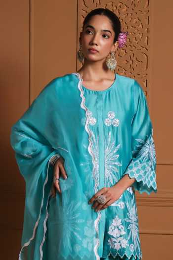 Shop Sonia Khatri Blue Silk, Organza Round Neck Inayat Floral Embroidered Kurta Set Online at Aza Fashions Shop_Sonia Khatri_Blue Silk, Organza Round Neck Inayat Floral Embroidered Kurta Set _Online_at_Aza_Fashions