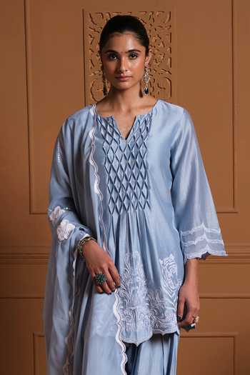 Sonia Khatri_Blue Silk, Organza V-neck Niloufer Embroidered Kurta Set _at_Aza_Fashions
