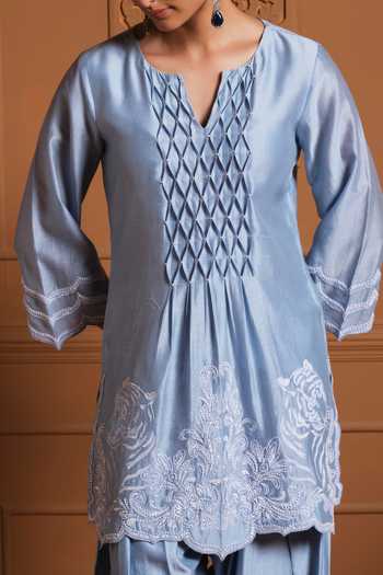 Shop_Sonia Khatri_Blue Silk, Organza V-neck Niloufer Embroidered Kurta Set 