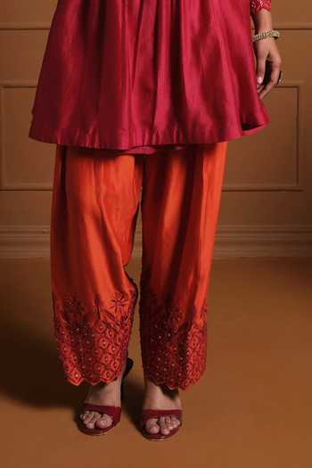 Sonia Khatri Fuchsia Silk, Organza Split V-neck Noorani Hand Embroidered Kurta Set Online at Aza Fashions Sonia Khatri_Fuchsia Silk, Organza Split V-neck Noorani Hand Embroidered Kurta Set _Online_at_Aza_Fashions