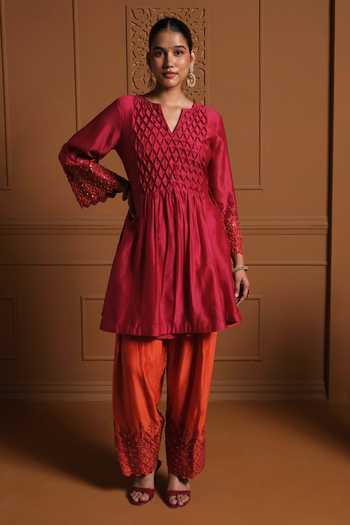 Buy Sonia Khatri Fuchsia Silk, Organza Split V-neck Noorani Hand Embroidered Kurta Set Online at Aza Fashions Buy_Sonia Khatri_Fuchsia Silk, Organza Split V-neck Noorani Hand Embroidered Kurta Set _Online_at_Aza_Fashions
