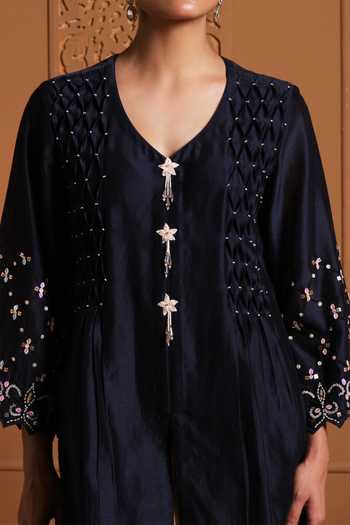 Shop Sonia Khatri Blue Silk, Organza V-neck Shabnam Hand Smocked Kurta Set Online at Aza Fashions Shop_Sonia Khatri_Blue Silk, Organza V-neck Shabnam Hand Smocked Kurta Set _Online_at_Aza_Fashions