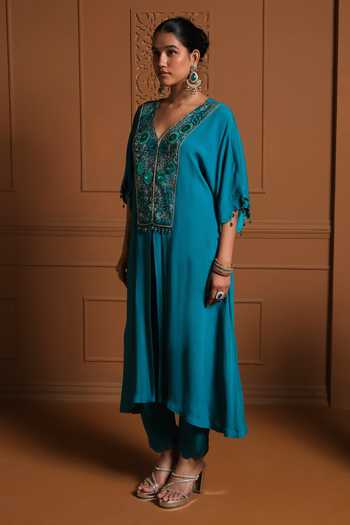 Sonia Khatri Blue Chiffon, Silk V-neck The Firuza Embroidered Kaftan And Pant Set Online at Aza Fashions Sonia Khatri_Blue Chiffon, Silk V-neck The Firuza Embroidered Kaftan And Pant Set _Online_at_Aza_Fashions