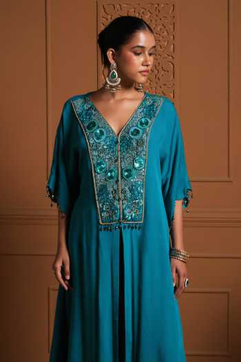 Buy Sonia Khatri Blue Chiffon, Silk V-neck The Firuza Embroidered Kaftan And Pant Set Online at Aza Fashions Buy_Sonia Khatri_Blue Chiffon, Silk V-neck The Firuza Embroidered Kaftan And Pant Set _Online_at_Aza_Fashions