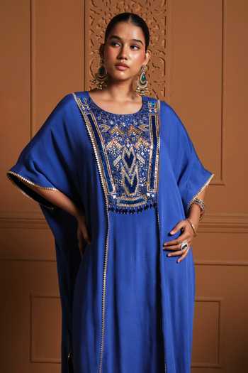 Buy Sonia Khatri Blue Chiffon, Silk Round Neck The Aks Embroidered Kaftan And Pant Set Online at Aza Fashions Buy_Sonia Khatri_Blue Chiffon, Silk Round Neck The Aks Embroidered Kaftan And Pant Set _Online_at_Aza_Fashions