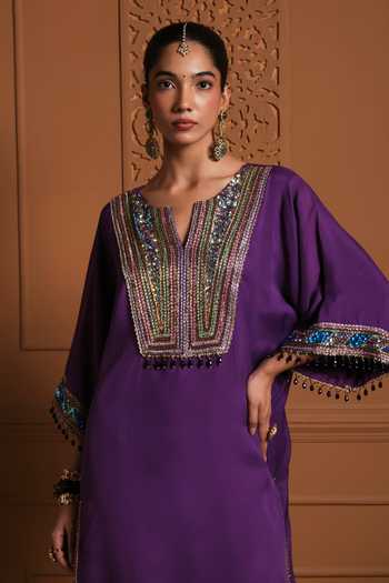 Buy Sonia Khatri Purple Organza, Silk Split The Shayrana Placement Embroidered Kaftan And Pant Set Online at Aza Fashions Buy_Sonia Khatri_Purple Organza, Silk Split The Shayrana Placement Embroidered Kaftan And Pant Set _Online_at_Aza_Fashions