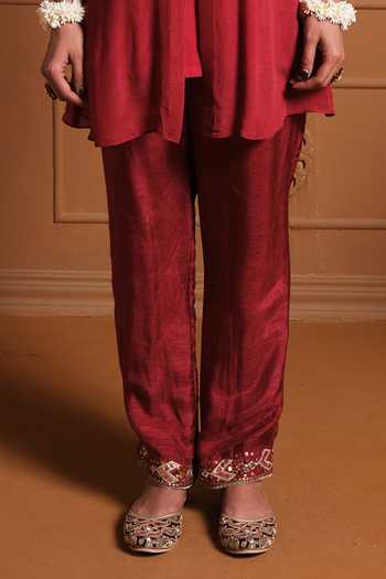 Sonia Khatri Maroon Chiffon, Silk V-neck The Giraha Yoke Embroidered Kaftan And Pant Set Online at Aza Fashions Sonia Khatri_Maroon Chiffon, Silk V-neck The Giraha Yoke Embroidered Kaftan And Pant Set _Online_at_Aza_Fashions