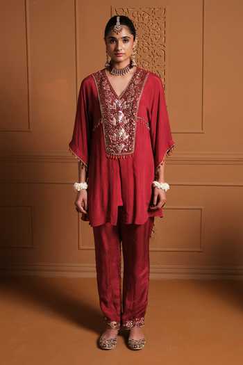 Buy Sonia Khatri Maroon Chiffon, Silk V-neck The Giraha Yoke Embroidered Kaftan And Pant Set Online at Aza Fashions Buy_Sonia Khatri_Maroon Chiffon, Silk V-neck The Giraha Yoke Embroidered Kaftan And Pant Set _Online_at_Aza_Fashions