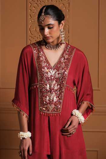Shop Sonia Khatri Maroon Chiffon, Silk V-neck The Giraha Yoke Embroidered Kaftan And Pant Set Online at Aza Fashions Shop_Sonia Khatri_Maroon Chiffon, Silk V-neck The Giraha Yoke Embroidered Kaftan And Pant Set _Online_at_Aza_Fashions