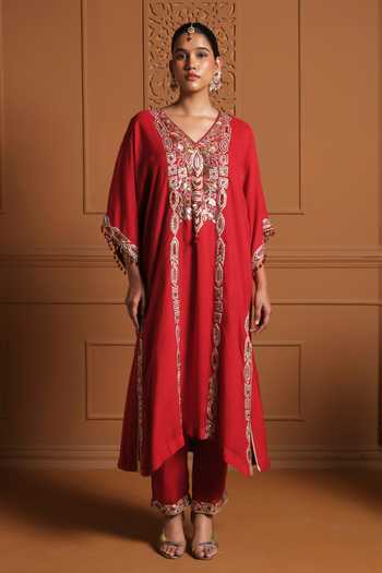 Buy Sonia Khatri Red Crepe Split V-neck The Surkh Embroidered Kaftan And Pant Set Online at Aza Fashions Buy_Sonia Khatri_Red Crepe Split V-neck The Surkh Embroidered Kaftan And Pant Set _Online_at_Aza_Fashions