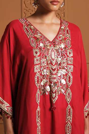 Shop Sonia Khatri Red Crepe Split V-neck The Surkh Embroidered Kaftan And Pant Set Online at Aza Fashions Shop_Sonia Khatri_Red Crepe Split V-neck The Surkh Embroidered Kaftan And Pant Set _Online_at_Aza_Fashions