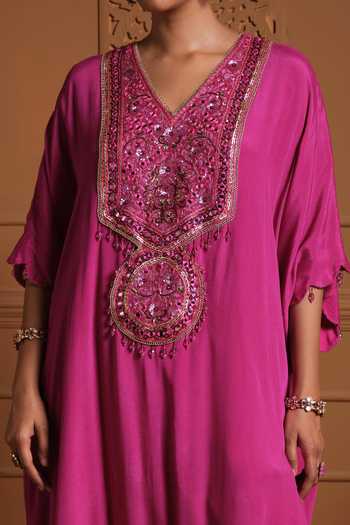 Sonia Khatri Pink Crepe, Silk V-neck The Zeenat Embroidered Kaftan And Pant Set Online at Aza Fashions Sonia Khatri_Pink Crepe, Silk V-neck The Zeenat Embroidered Kaftan And Pant Set _Online_at_Aza_Fashions