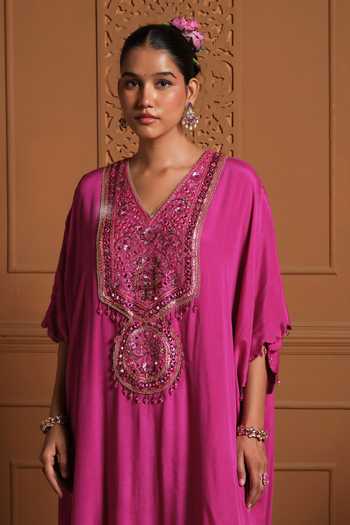Shop Sonia Khatri Pink Crepe, Silk V-neck The Zeenat Embroidered Kaftan And Pant Set Online at Aza Fashions Shop_Sonia Khatri_Pink Crepe, Silk V-neck The Zeenat Embroidered Kaftan And Pant Set _Online_at_Aza_Fashions