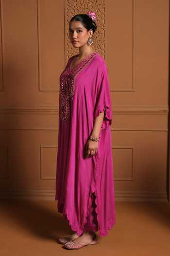 Sonia Khatri Pink Crepe, Silk V-neck The Zeenat Embroidered Kaftan And Pant Set at Aza Fashions Sonia Khatri_Pink Crepe, Silk V-neck The Zeenat Embroidered Kaftan And Pant Set _at_Aza_Fashions