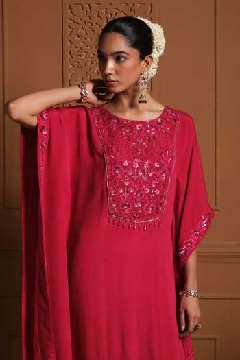 Sonia Khatri Red Chiffon, Silk Round Neck The Nazneen Embroidered Kaftan And Pant Set Online at Aza Fashions Sonia Khatri_Red Chiffon, Silk Round Neck The Nazneen Embroidered Kaftan And Pant Set _Online_at_Aza_Fashions
