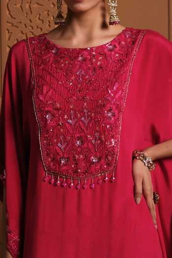 Shop Sonia Khatri Red Chiffon, Silk Round Neck The Nazneen Embroidered Kaftan And Pant Set Online at Aza Fashions Shop_Sonia Khatri_Red Chiffon, Silk Round Neck The Nazneen Embroidered Kaftan And Pant Set _Online_at_Aza_Fashions