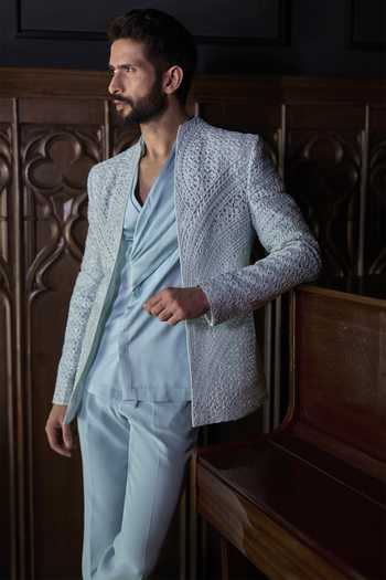 Varun Chakkilam Blue Organza, Crepe, Satin Horizon Jacket Set Online at Aza Fashions Varun Chakkilam_Blue Organza, Crepe, Satin Horizon Jacket Set _Online_at_Aza_Fashions