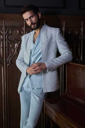 Buy Varun Chakkilam Blue Organza, Crepe, Satin Horizon Jacket Set Online at Aza Fashions Buy_Varun Chakkilam_Blue Organza, Crepe, Satin Horizon Jacket Set _Online_at_Aza_Fashions