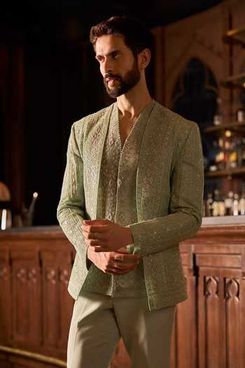 Buy Varun Chakkilam Green Silk, Organza, Crepe Silence In Sage Jacket Set Online at Aza Fashions Buy_Varun Chakkilam_Green Silk, Organza, Crepe Silence In Sage Jacket Set _Online_at_Aza_Fashions