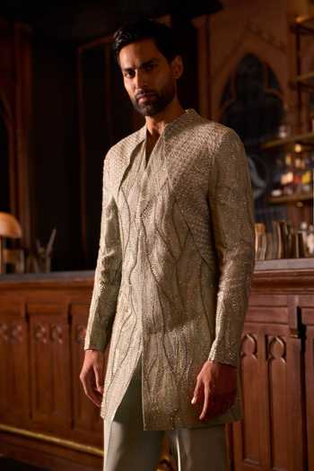 Varun Chakkilam Green Organza, Crepe Liquid Botanica Sherwani Set Online at Aza Fashions Varun Chakkilam_Green Organza, Crepe Liquid Botanica Sherwani Set _Online_at_Aza_Fashions