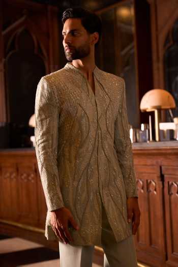 Buy Varun Chakkilam Green Organza, Crepe Liquid Botanica Sherwani Set Online at Aza Fashions Buy_Varun Chakkilam_Green Organza, Crepe Liquid Botanica Sherwani Set _Online_at_Aza_Fashions
